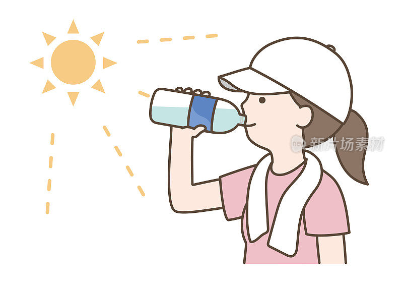 Illustration of a woman drinking water outdoors